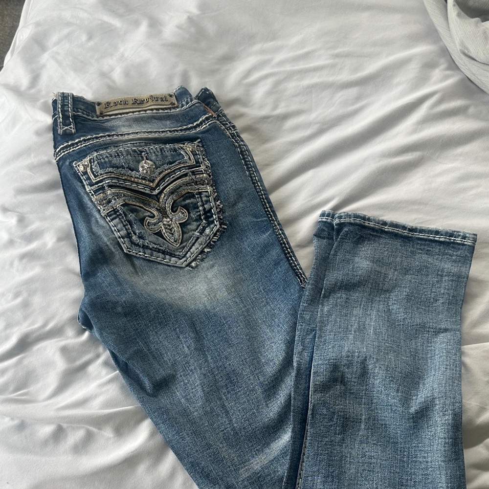 Rock Revival Beliss Straight Leg Women’s Blue Decorative Pocket Jeans